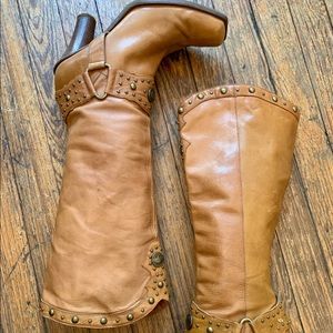 Vintage Antonio Melanie Western Tan Leather Buffalo Nickel Boots